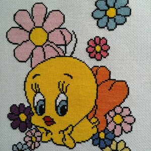 TweetyEmbroidery CartoonCharacter KidsCrafts BlueEyedChicken FloralDesign ChildrensArt TweetyBird HandmadeEmbroidery ColorfulStitching