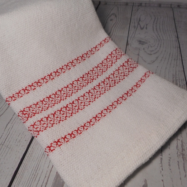 Handwoven Cotton Kitchen Towel, Handwoven Cotton Hand Towel,  Hearts,  Tea Towel, Breadcloth, Natural Fibers, White with Red Border