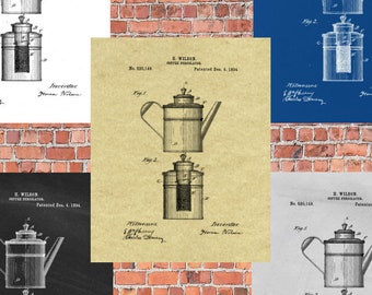 Coffee Percolator 1894 Original Patent Print Blueprint Drawing 1800s Vintage Wall Art Poster Food Gift Printable Instant Digital Download