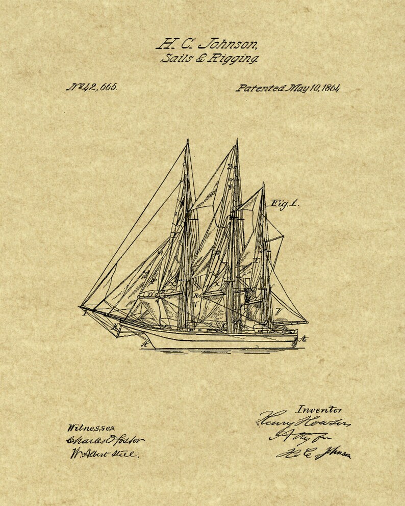 Sailing Ship 1864 Original Patent Print Blueprint Drawing 1800s Vintage ...