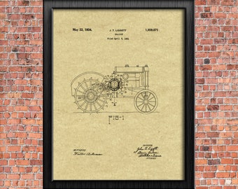 John Deere Tractor 1934 Original Patent Print Blueprint Drawing 1900s Vintage Wall Art Poster Farmer Gift Printable Instant Digital Download