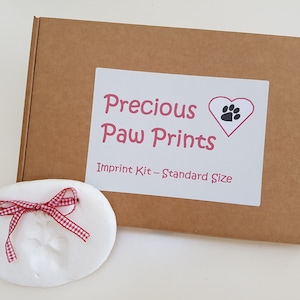 May include: A brown cardboard box with a white label that says "Precious Paw Prints" and "Imprint Kit - Standard Size". A white oval-shaped clay imprint with a red and white gingham ribbon is in front of the box.