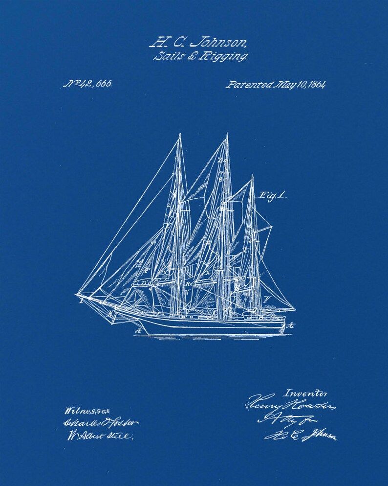 Sailing Ship 1864 Original Patent Print Blueprint Drawing 1800s Vintage ...
