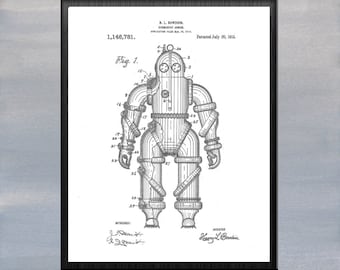 Diving Suit 1915 Original Patent Print Blueprint Drawing 1900s Vintage Art Poster Deep Sea Diver Gift Printable Instant Digital Download