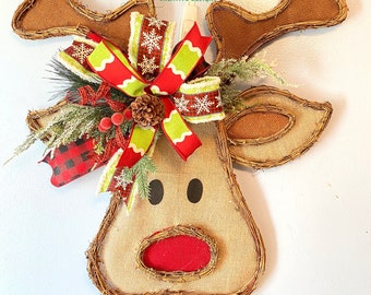 Reindeer Grapevine Door Hanger, Christmas Door Decor for front door