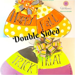 Double Sided Fall and Halloween Candy Corn Door Hangers, Reversible Door Hanger for front door