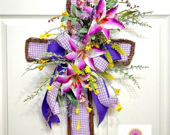 Cross Grapevine Door Decor, Easter Door Hanger, Spring door sign, Cross for Front Door, Summer Door Hanger