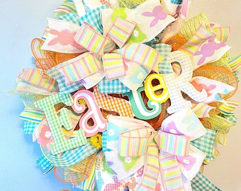 Easter Bunny Wreath for front door. Spring Door Decor, Bunny Door Hanger