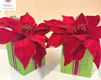 Glitter Gift Box Set with Poinsettia Arrangement, Christmas Table Arrangement, Holiday Floral Arrangement