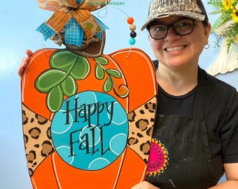 Pumpkin with Animal Print Door Hanger,  Happy Fall Decor for front door, Autumn Decoration for porch
