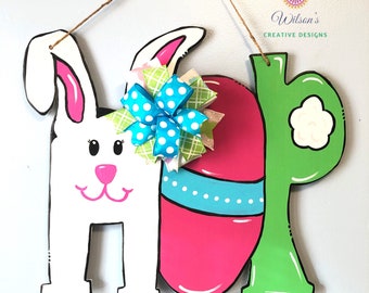 Easter Bunny Hop Door Sign for porch, Spring Decoration for front door