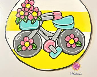 Spring Bicycle wreath attachment,  Bicyle with Flowers sign, Bycycle wreath sign, Hand painted wood sign