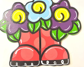 Rain boots wreath attachment,  Rain Boots with Flowers sign, Spring wreath sign, Hand painted wood sign