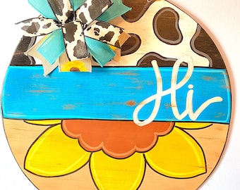 Cow Print with Sunflower Door Hanger, Fall Door Decor for front porch, Country Rustic Door Decor