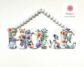 Floral HOME Sign Handmade Beaded Hanger with Decoupage Napkin Art, Farmhouse Wall Decor, Housewarming Gift