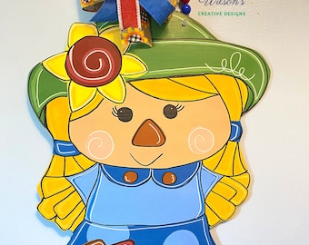 Scarecrow Girl Door Hanger, Fall Decor for Front Door, Autumn Door Sign for porch