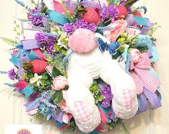 Easter Bunny Wreath, Easter Wreath, Bunny Wreath, Deco Mesh Wreath, Spring Wreath, Easter Bunny Buttom Wreath