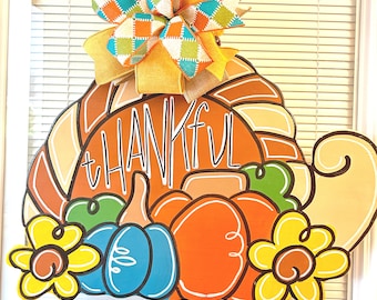 Cornucopia Door Hanger for front door, Thanksgiving Decoration for porch, Autumn Pumpkin Decor for home, Thankful Door Decor