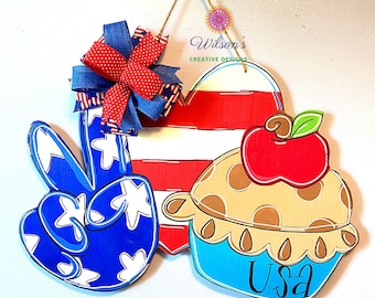 Peace Love and Apple Pie Door Hanger, Patriotic Door Hanger, Patriotic Decoration for front door, American Flag sign for Porch