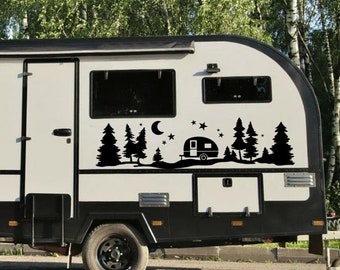 Wohnwagen / Wald / Mond  Wohnmobil Wohnwagen Caravan Aufkleber Sticker Set 2 Stck.