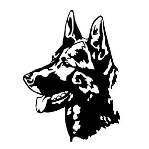 Könnte beinhalten: Schwarz-weiße Silhouette eines Deutschen Schäferhundes. Der Hund schaut nach rechts und hat die Zunge leicht herausgestreckt.