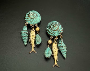 Seashell and fish clip on earrings Long oversized non pierced earrings Ocean themed jewelry 90s vintage