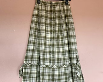 German trachten green plaid skirt with pockets side slits and bows - cottagecore peasant medieval green vintage skirt