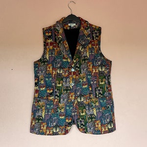 Cats motifs tapestry vest Size 42 - Women jacquard waistcoat - Vintage vest -  Dark Academia - Dark moody - Cat lovers clothing