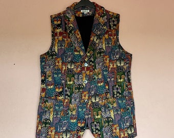 Cats Pattern Tapestry Vest Size 42 Women Jacquard Waistcoat Vintage Cat Motiv Clothes Cat Lover Vest