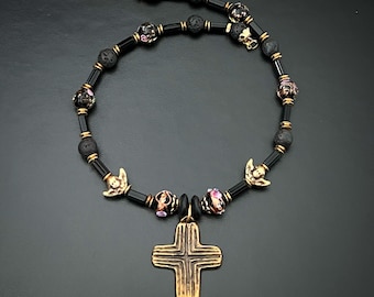 Brass cross statement necklace - Lava stone Lampwork beads Vintage cross Rustic handmade necklace for women