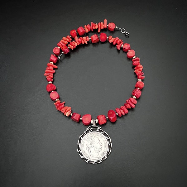 Austrian 1878 coin Franz Josef Imperator necklace Red coral beads Historical jewelry Handmade with vintage elements Women trachten necklace