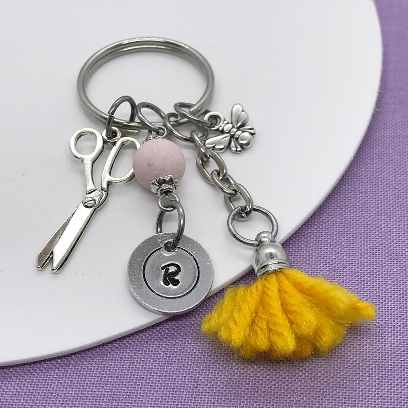 Personalised Initial Keychain Bee keychain Scissor Keychain Hairdresser keychain Hairdresser or seamstress gift Tassel keychain