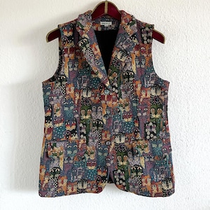Vintage Jacquard Cat Vest - Size 42 - Dark Academia