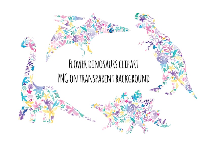 Flower dinosaurs and tropical leaves clipart PNG on transparent background Easter dinosaurs clip art instant download DIY Easter dino card
