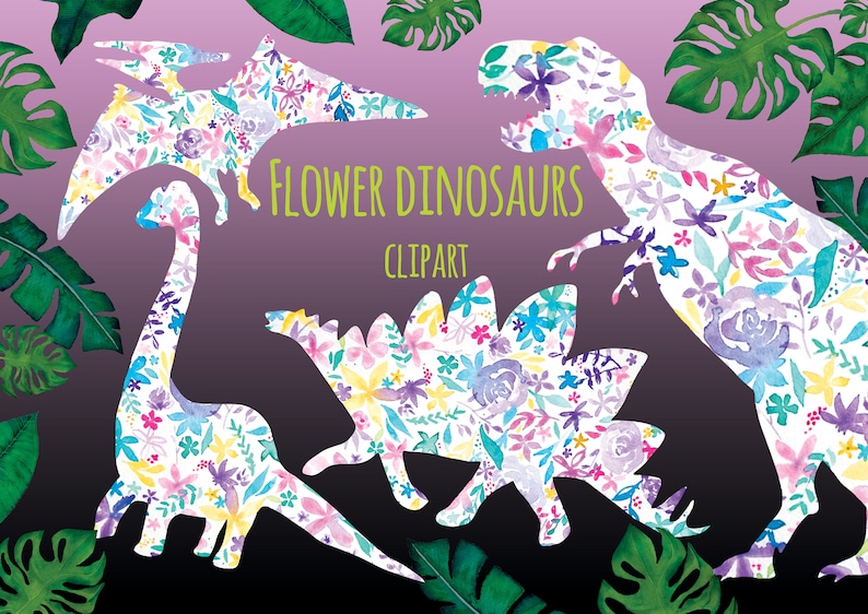 Flower dinosaurs and tropical leaves clipart PNG on transparent background Easter dinosaurs clip art instant download DIY Easter dino card