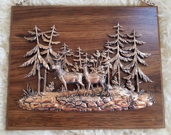 Vintage Deer 3-D Wall Art buck and Doe in Forest faux Copper on Wood ...