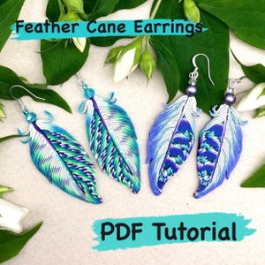 Puede incluir: Un par de pendientes de caña de plumas con un esquema de color azul, blanco y verde. Los pendientes están hechos de arcilla polimérica y tienen un diseño de plumas. La imagen también incluye el texto "Feather Cane Earrings" y "PDF Tutorial".