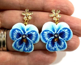 Blue Pansy Earrings, Drop Earrings, Flower Earrings, Unique Earrings, Polymer Clay Earrings, Gift Ideas, Unusual Earrings