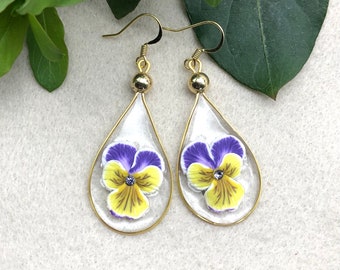 Pansy Earrings, Drop Earrings, Swing Earrings, Unique Earrings, Polymer Clay Earrings, Resin Earrings, Gift Ideas, Unusual Earrings