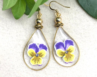 Pansy Earrings, Drop Earrings, Swing Earrings, Unique Earrings, Polymer Clay Earrings, Resin Earrings, Gift Ideas, Unusual Earrings