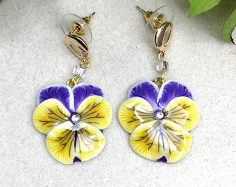 Yellow Pansy Earrings, Drop Earrings, Flower Earrings, Unique Earrings, Polymer Clay Earrings, Gift Ideas, Unusual Earrings