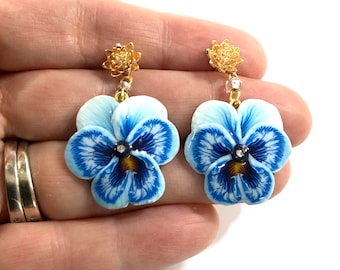 Blue Pansy Earrings, Drop Earrings, Flower Earrings, Unique Earrings, Polymer Clay Earrings, Gift Ideas, Unusual Earrings