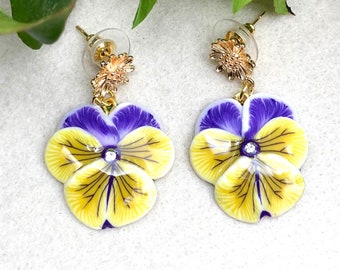 Yellow Pansy Earrings, Drop Earrings, Flower Earrings, Unique Earrings, Polymer Clay Earrings, Gift Ideas, Unusual Earrings