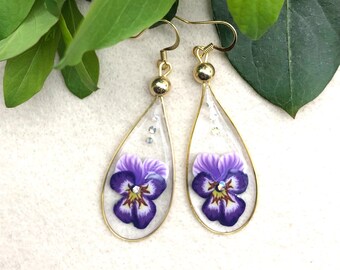 Pansy Earrings, Drop Earrings, Swing Earrings, Unique Earrings, Polymer Clay Earrings, Resin Earrings, Gift Ideas, Unusual Earrings