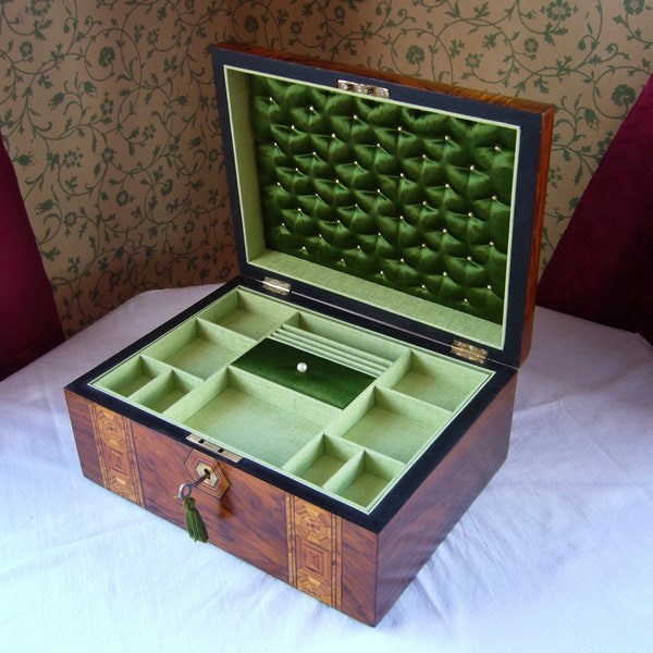 Victorian Antique Jewellery Box Inlaid Burr Walnut With Green Interior