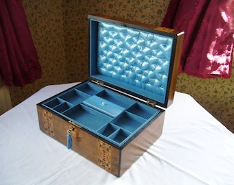Antique Victorian Jewellery Box In Walnut With Parquetry Inlay And Blue Interior