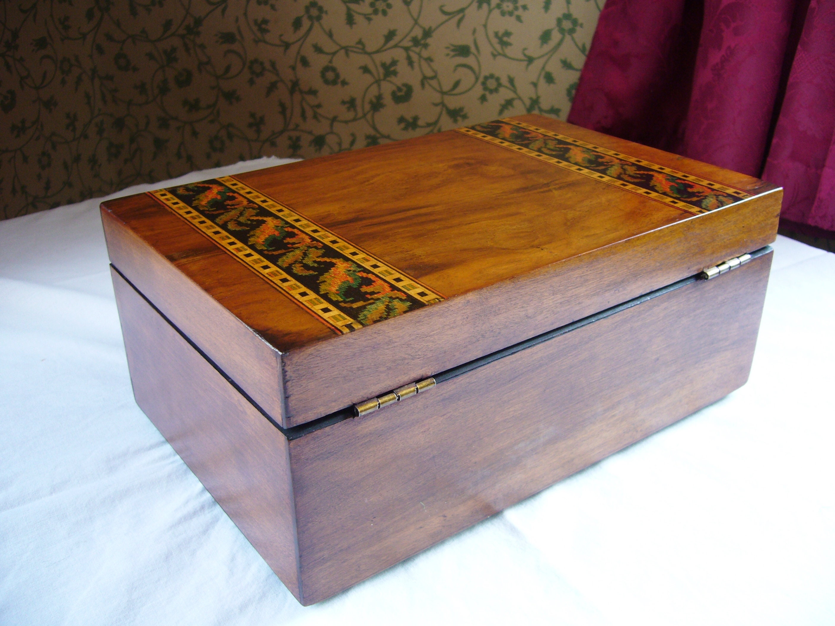 Antique Victorian Jewellery Box Inlaid Walnut With Red Etsy