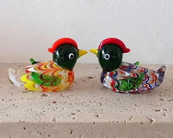 Two vintage colourful glass duck figurines, collectible bird glass figurines, bird lovers, collectors present,  home decoration.