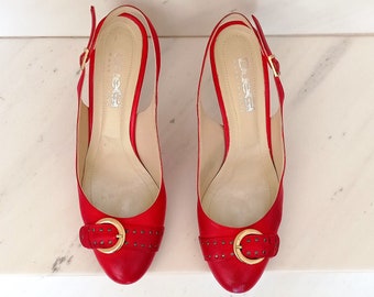 Stivaletti slingback in pelle rossa vintage Y2K Duegi, taglia US 10, EU 41, realizzati in Italia.