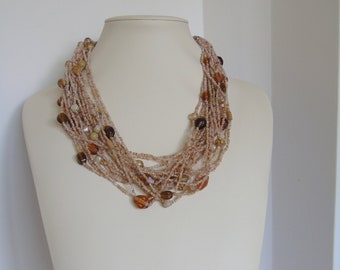 Vintage boho multi strand seed beads handmade statement necklace from the '80s, woman jewelry, gift for her.